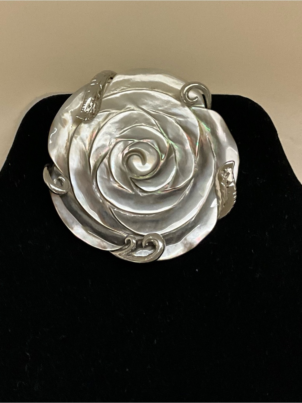 Carved Mother of Pearl Rose & Silver Tone Metal Slide Statement Jewelry Piece